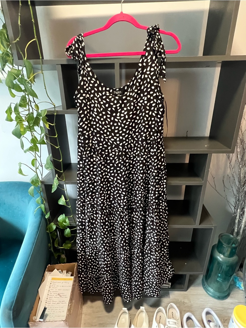 Papillion Black and White Polka Dot Tie-Strap Maxi Dress